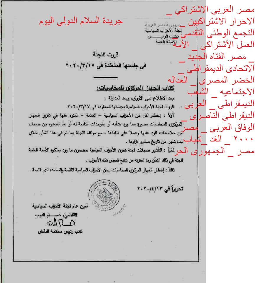 أعلنت لجنة شئون الأحزاب السياسية تقرير بالأسماء جريدة السلام الدولى اليوم