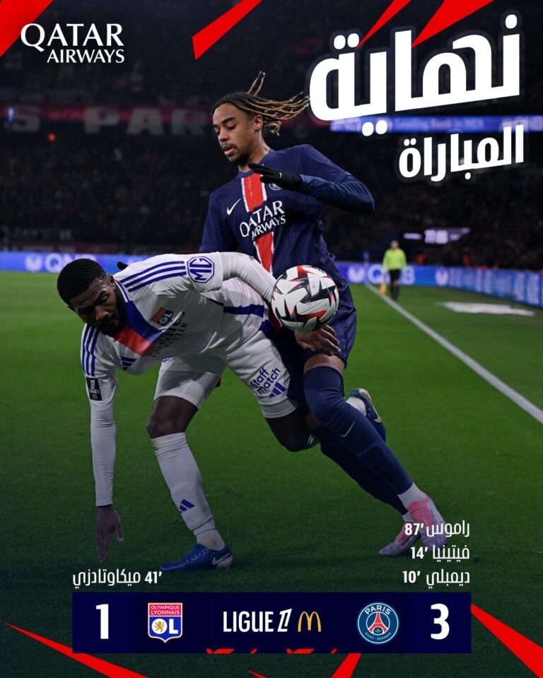 باريس سان جيرمان يكتسح أولمبيك ليون بثلاثية مقابل هدف في الدوري الفرنسي.